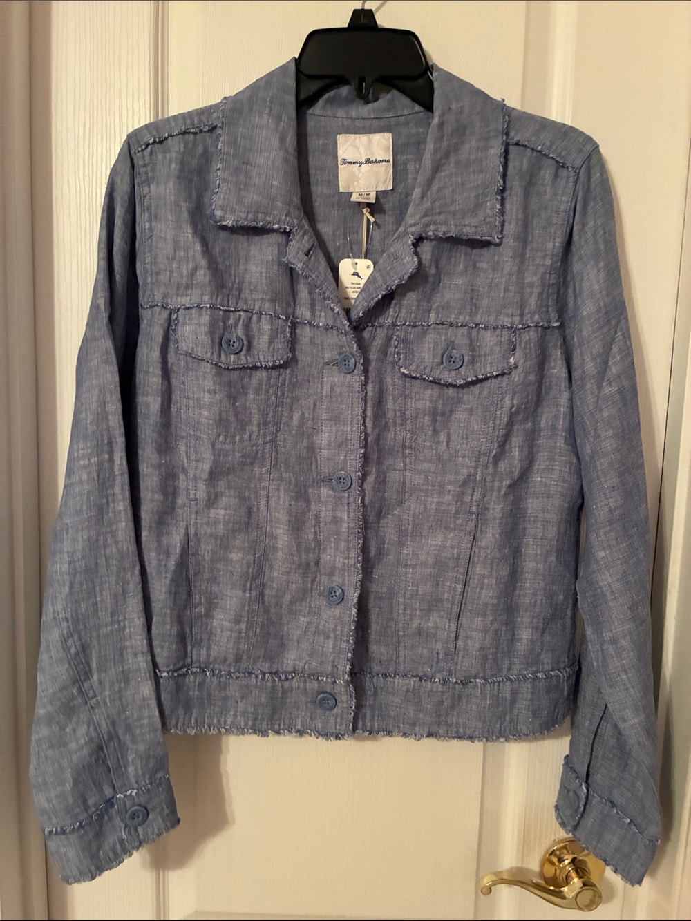 NWT Tommy Bahama Two Palms Raw Edge Linen Jacket in Chambray/White Women’s Sz M